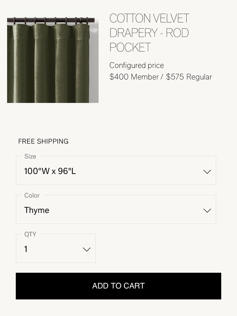 Restoration Hardware 50”x 96”Cotton Velvet Drapery Panels in Thyme Green